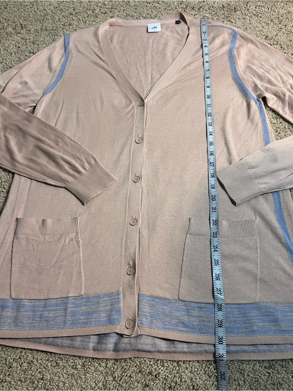 CAbi pastel Light Pink V-Neck Button Cardigan with Blue Trim - Picture 4 of 6